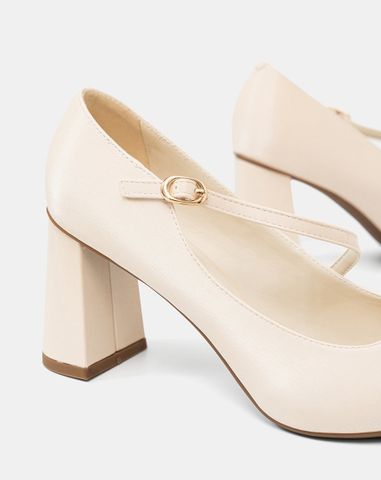  Giày Cao Gót Pump Gót Trụ Quai Mary Jane Xéo 