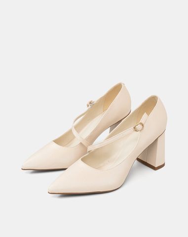  Giày Cao Gót Pump Gót Trụ Quai Mary Jane Xéo 