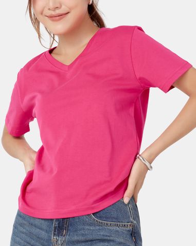  Áo thun trơn màu cổ tim form fit 