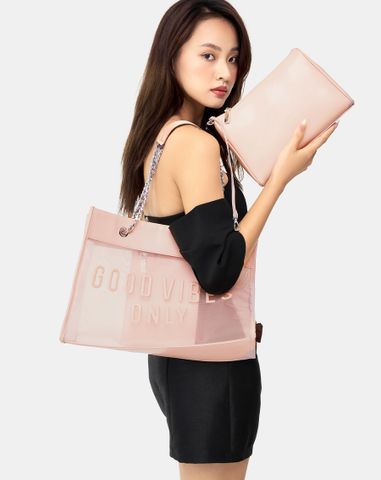  Túi Xách Lớn Tote Bag Phối Lưới Xuyên Thấu 
