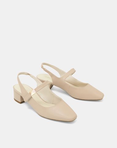  Giày Cao Gót Slingback Gót Vuông Phối Khóa Trang Trí 