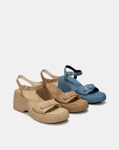  Giày Sandal Đế Xuồng Quai Phối Buckle Vuông 
