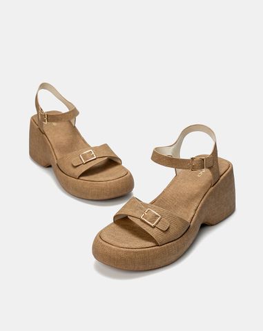  Giày Sandal Đế Xuồng Quai Phối Buckle Vuông 