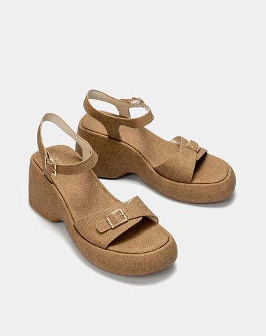  Giày Sandal Đế Xuồng Quai Phối Buckle Vuông 