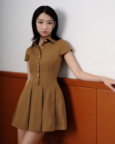  Đầm mini xếp ly phối nút gold 