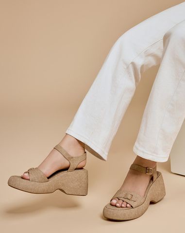  Giày Sandal Đế Xuồng Quai Phối Buckle Vuông 