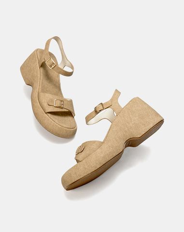  Giày Sandal Đế Xuồng Quai Phối Buckle Vuông 