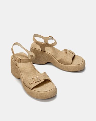  Giày Sandal Đế Xuồng Quai Phối Buckle Vuông 