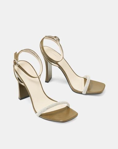  Giày Sandal Gót Thanh Phối Dây Kim Tuyến 