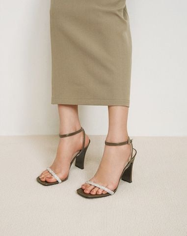  Giày Sandal Gót Thanh Phối Dây Kim Tuyến 