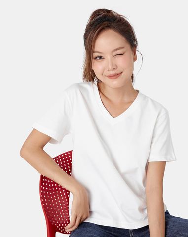  Áo thun trơn màu cổ tim form fit 
