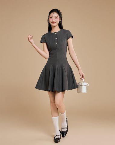  Đầm godet mini phối nẹp nút 