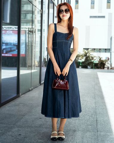  Đầm midi rã cúp 2 dây vải denim 