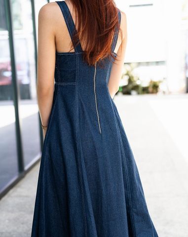  Đầm midi rã cúp 2 dây vải denim 