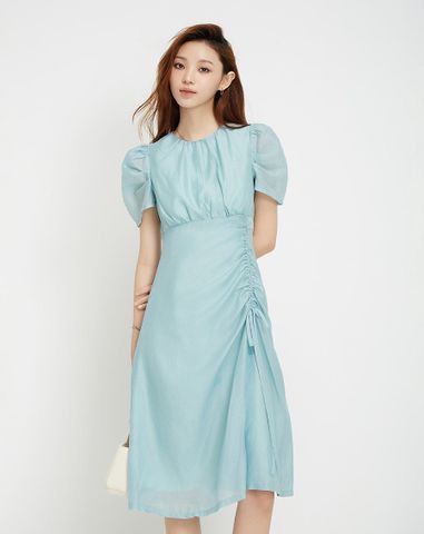  Đầm lửng rút nhún tay phồng 