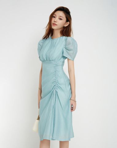  Đầm lửng rút nhún tay phồng 