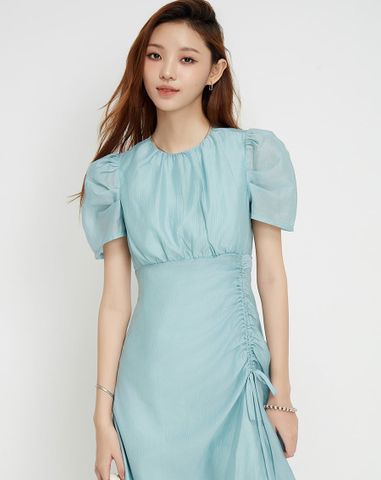  Đầm lửng rút nhún tay phồng 