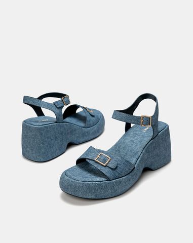  Giày Sandal Đế Xuồng Quai Phối Buckle Vuông 