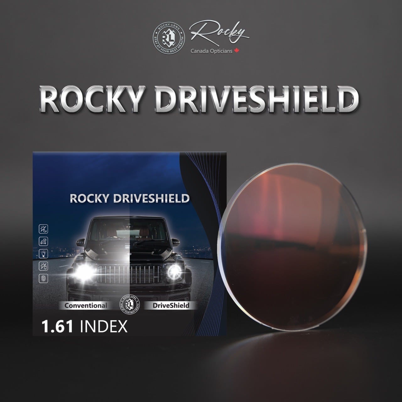  Tròng kính Rocky Chuyên dụng lái xe Hạn chế chói đèn Chống ánh sáng xanh Mỏng 1.61 Driveshield chính hãng 