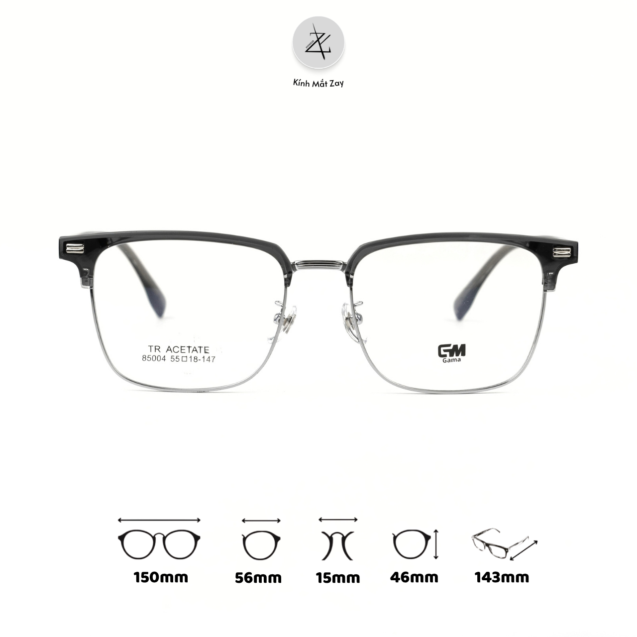  Gọng kính nửa khung 85004 dáng vuông nhựa & titanium cao cấp 