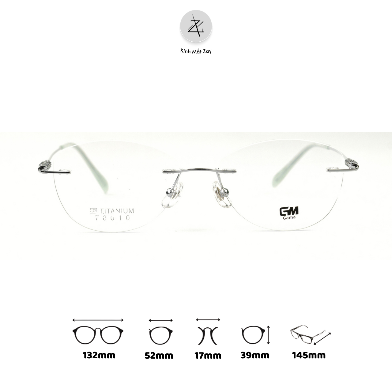  Gọng khoan không viền GAMA 76010 dáng mắt mèo Titanium chính hãng 