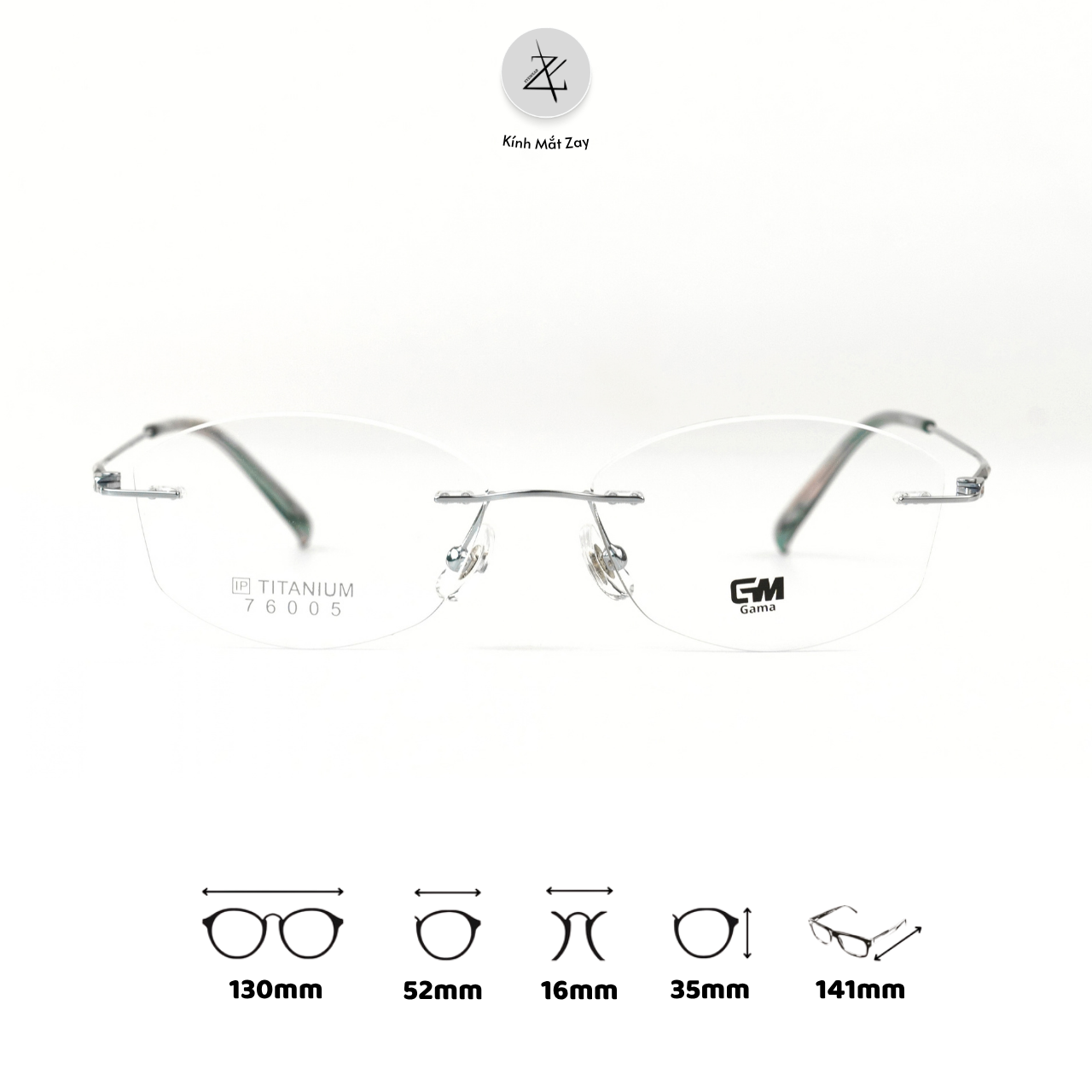 Gọng khoan không viền GAMA 76005 dáng mắt mèo Titanium chính hãng 
