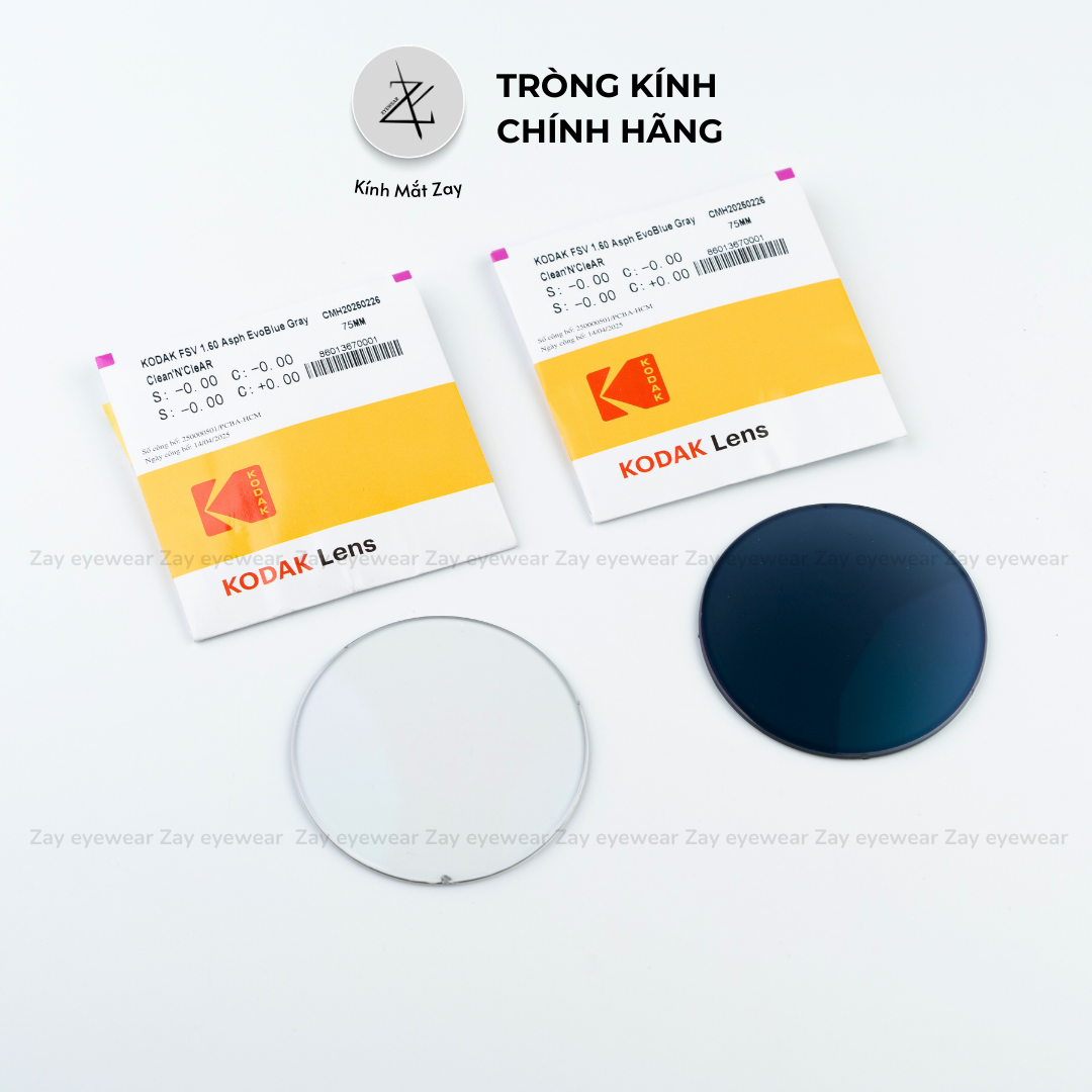  Tròng kính Đổi màu khói Lọc ánh sáng xanh Mỏng 1.60 Kodak FSV EvoBlue Gray Clean&Clear Mỹ chính hãng 