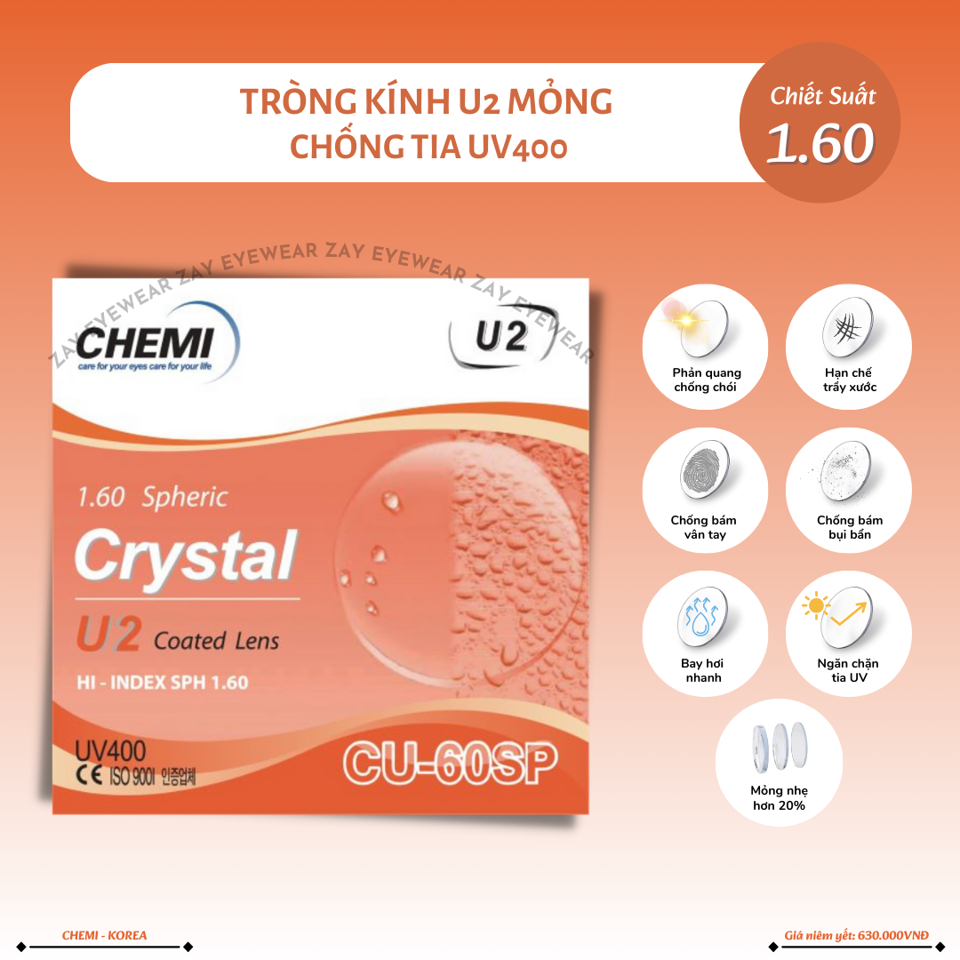  Tròng kính Siêu mỏng Chống tia UV Chemi Crystal U2 Coated Hàn Quốc chính hãng 