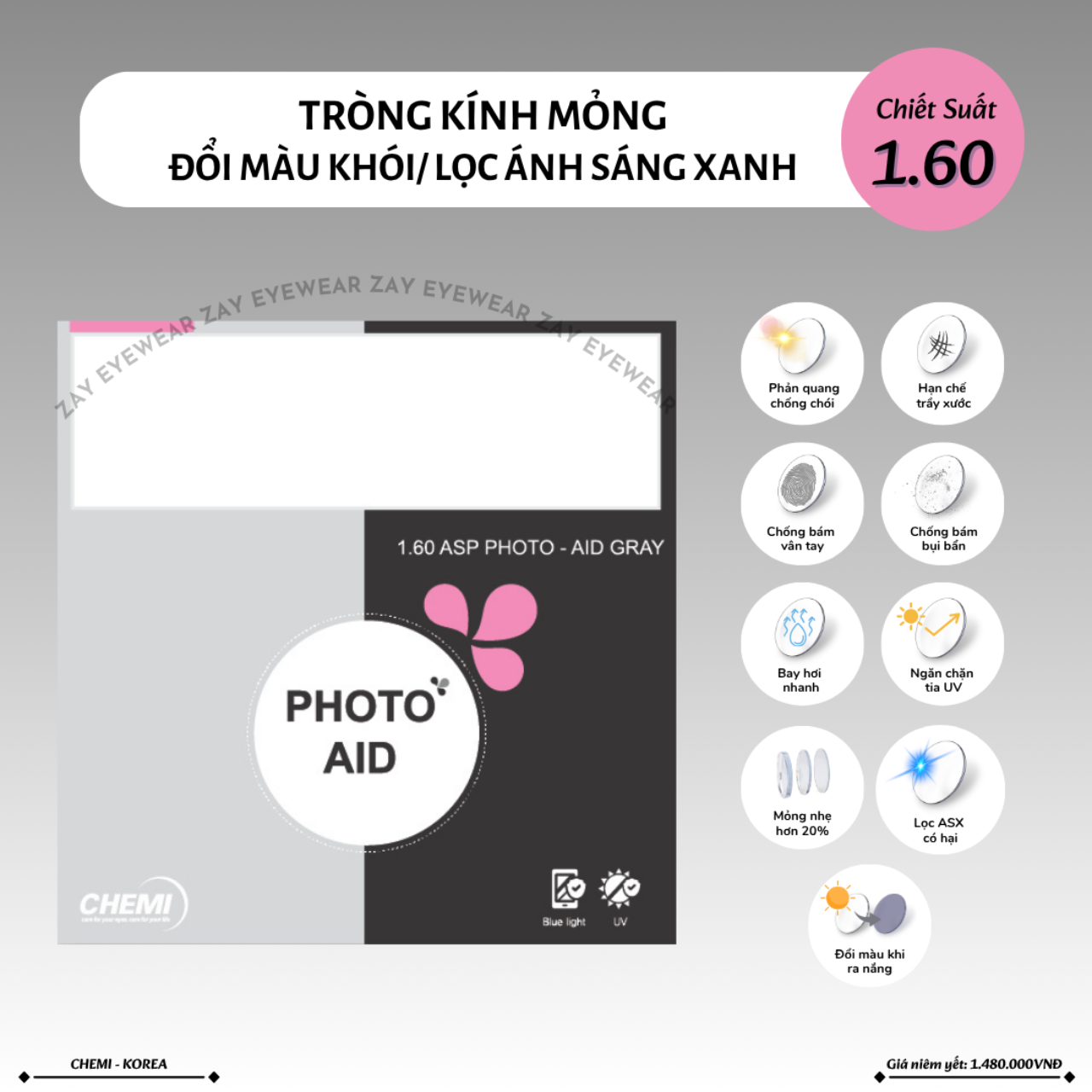  Tròng kính Đổi màu lọc ánh sáng xanh thế hệ mới Chemi Photo AID 1.60 1.67 ASP Hàn Quốc chính hãng 