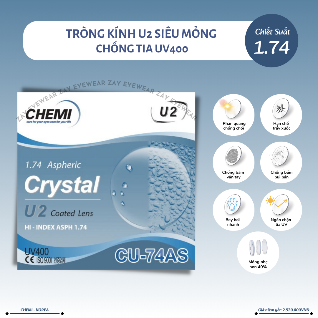  Tròng kính Siêu mỏng Chống tia UV Chemi Crystal 1.74 U2 Coated Hàn Quốc chính hãng 
