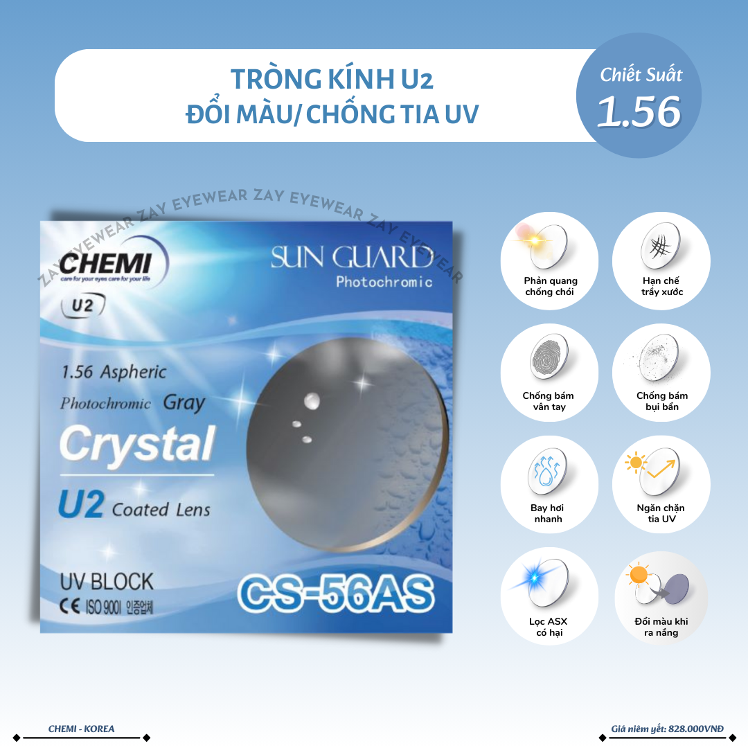  Tròng kính Đổi màu khói Chống tia UV Chemi U2 Photochromic 1.56 1.60 ASP Hàn Quốc chính hãng 