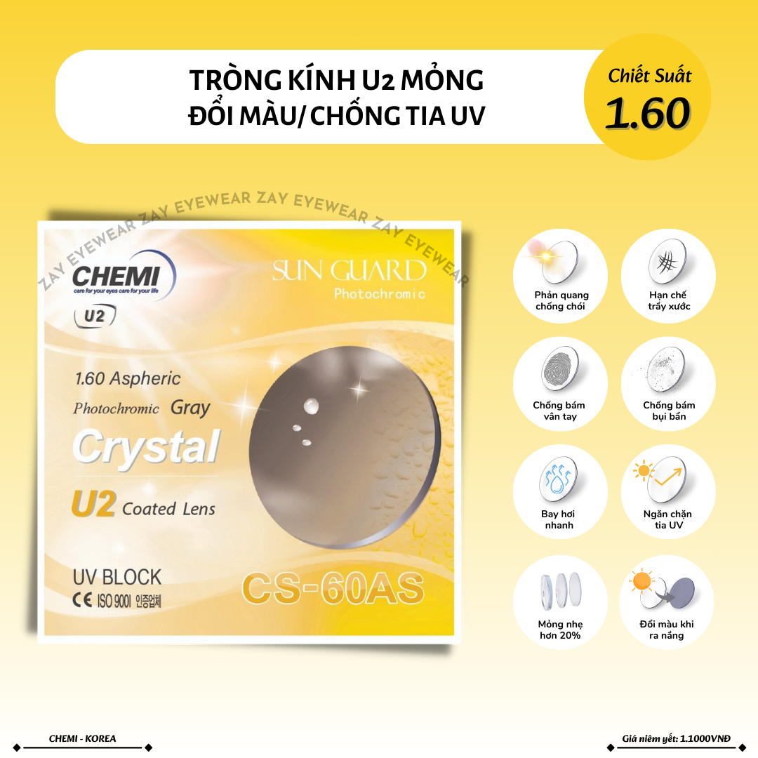  Tròng kính Đổi màu khói đen Mỏng Chống tia UV Chemi U2 Photochromic 1.60 ASP Hàn Quốc chính hãng 