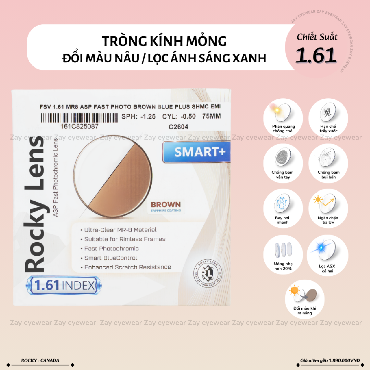  Tròng kính Đổi màu Smart Lọc ánh sáng xanh Rocky màu Nâu hổ phách MR-8 hạn chế vỡ 1.61 ASP Canada chính hãng 