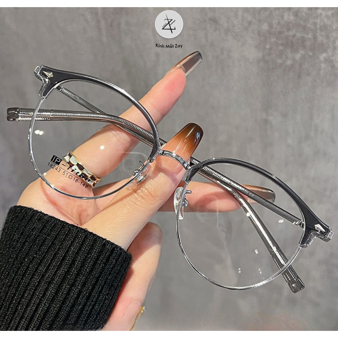  Gọng kính nửa khung 18243 dáng tròn titanium cao cấp 