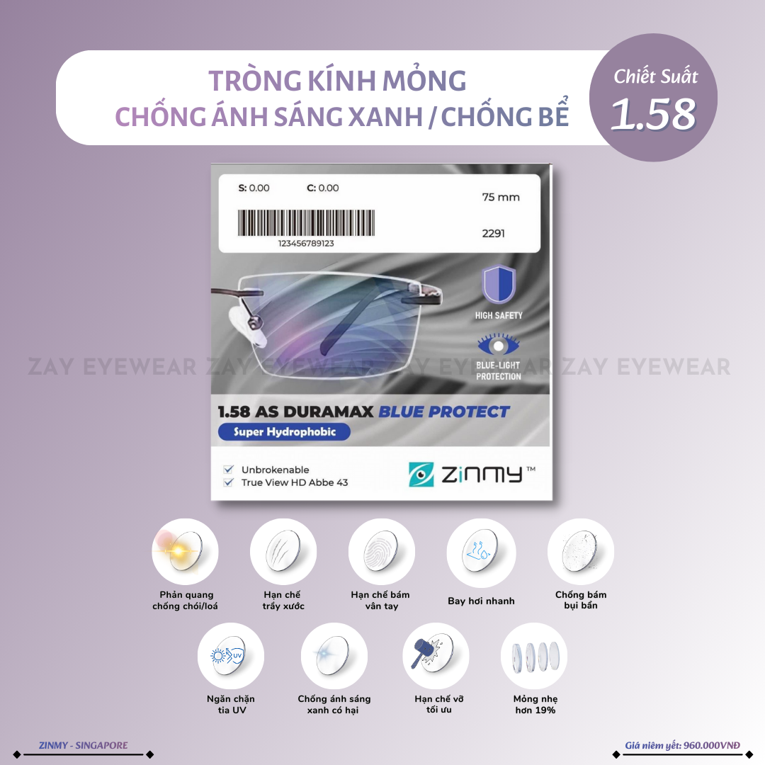  Tròng kính Zinmy Chống bể Chống ánh sáng xanh 1.58 AS Duramax chính hãng 