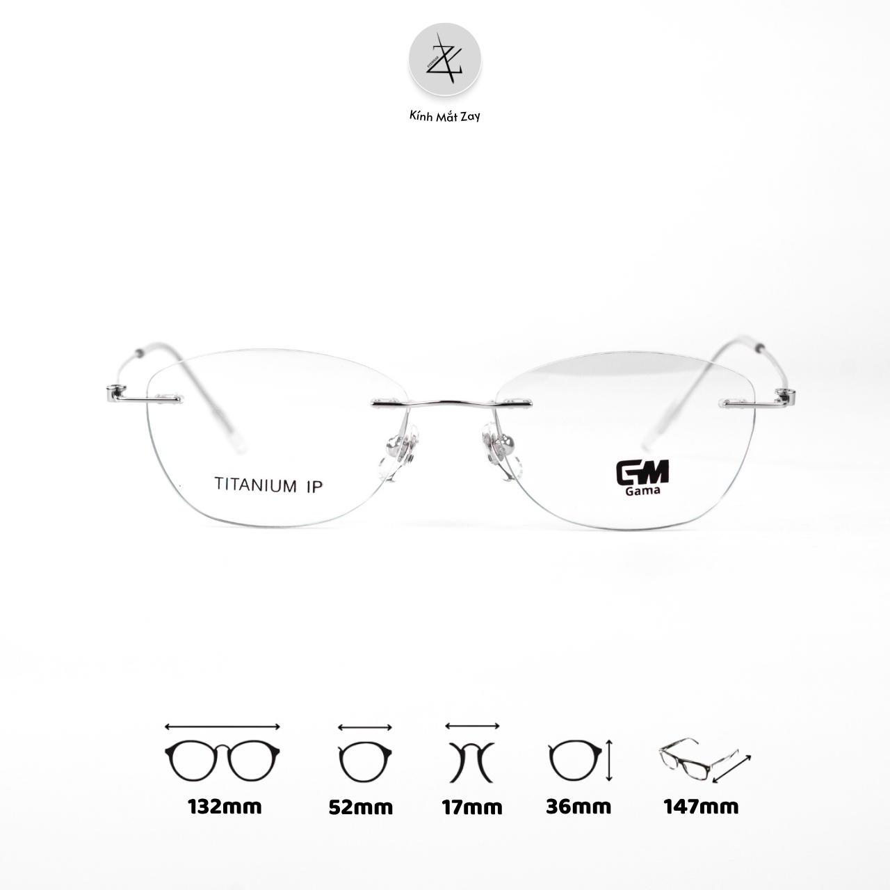  Gọng khoan không viền GAMA MY9047 dáng mắt mèo Titanium chính hãng 
