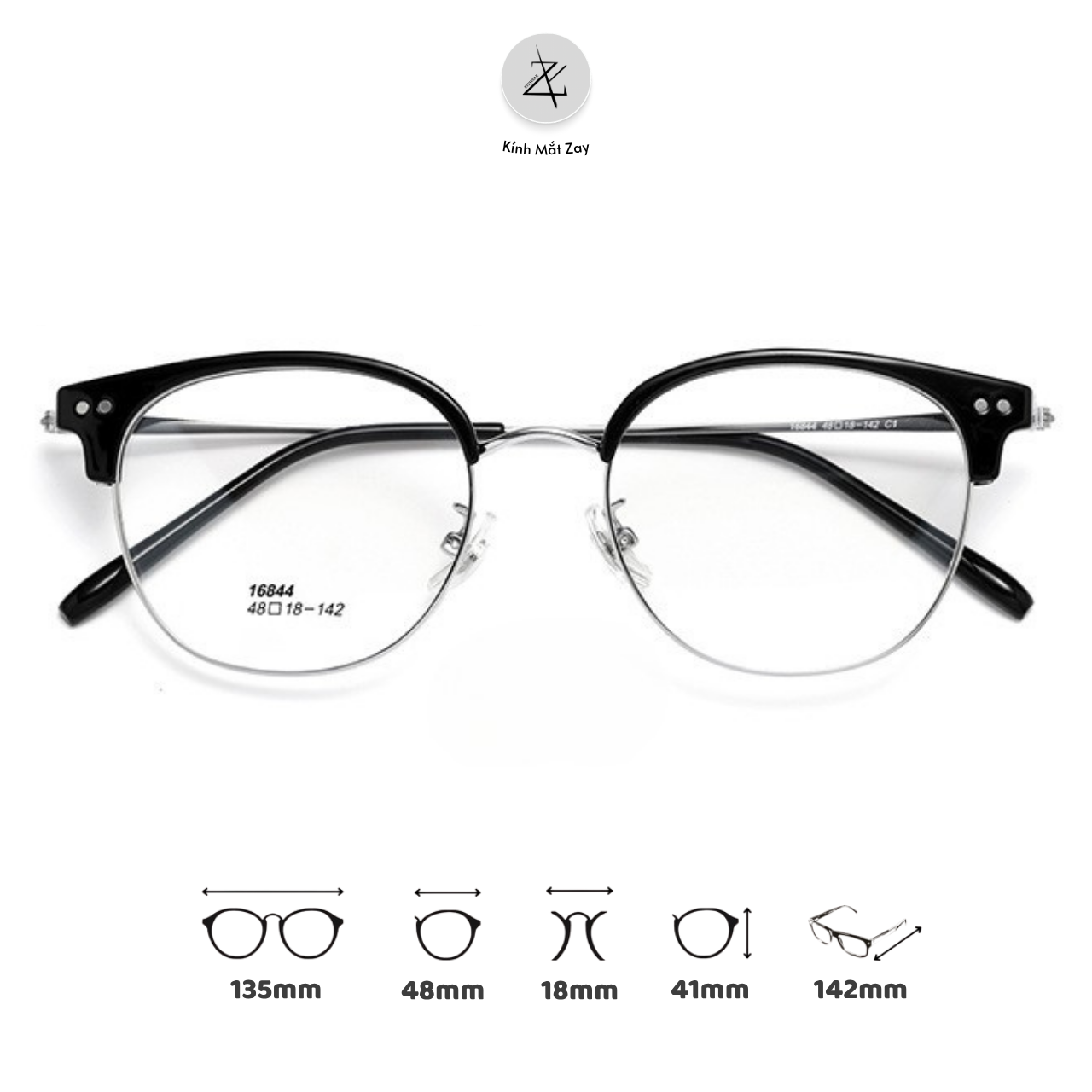  Gọng kính nửa khung 16844 dáng tròn titanium cao cấp 