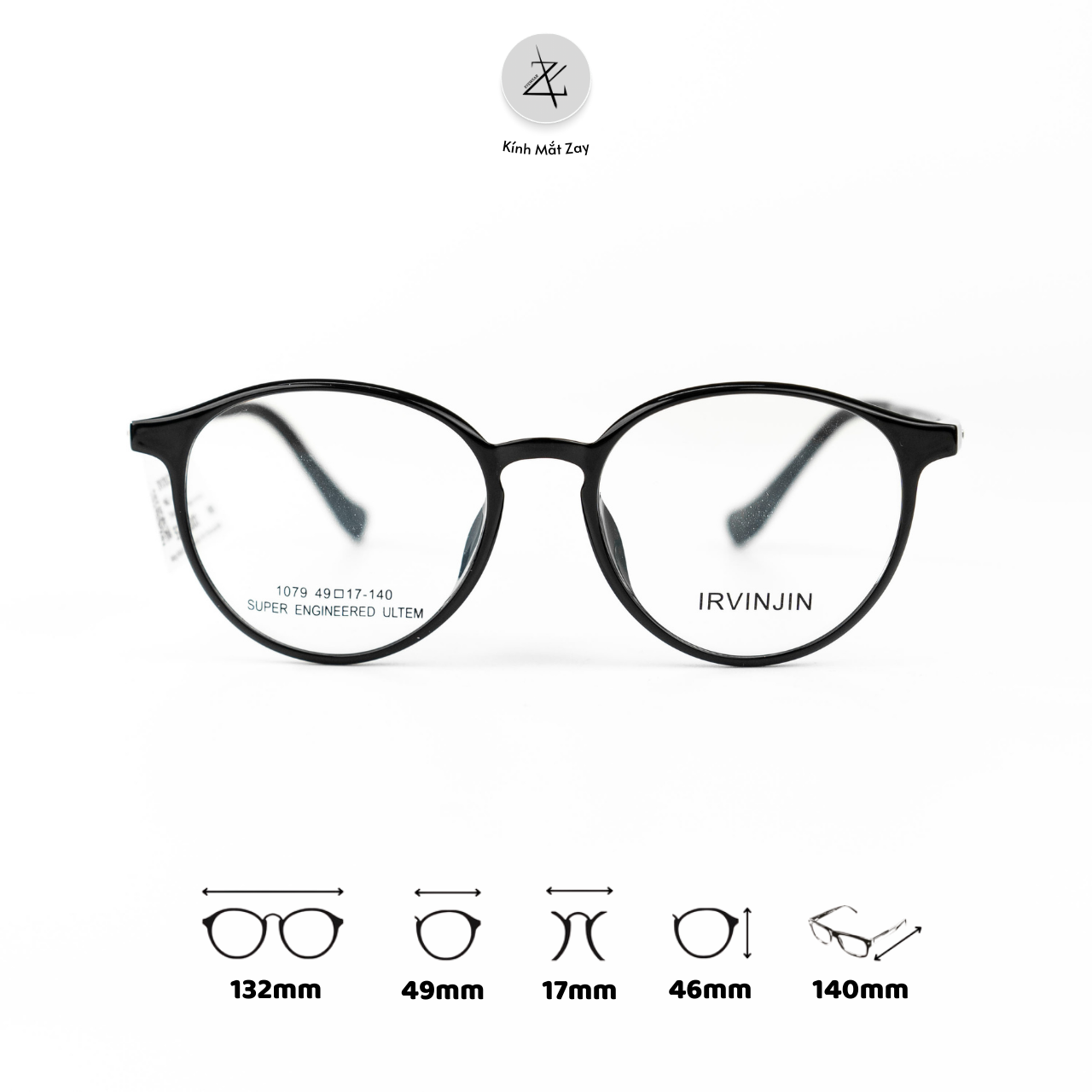 Gọng kính IRVINJIN 1079 dáng tròn nhựa TR90 dẻo chính hãng 