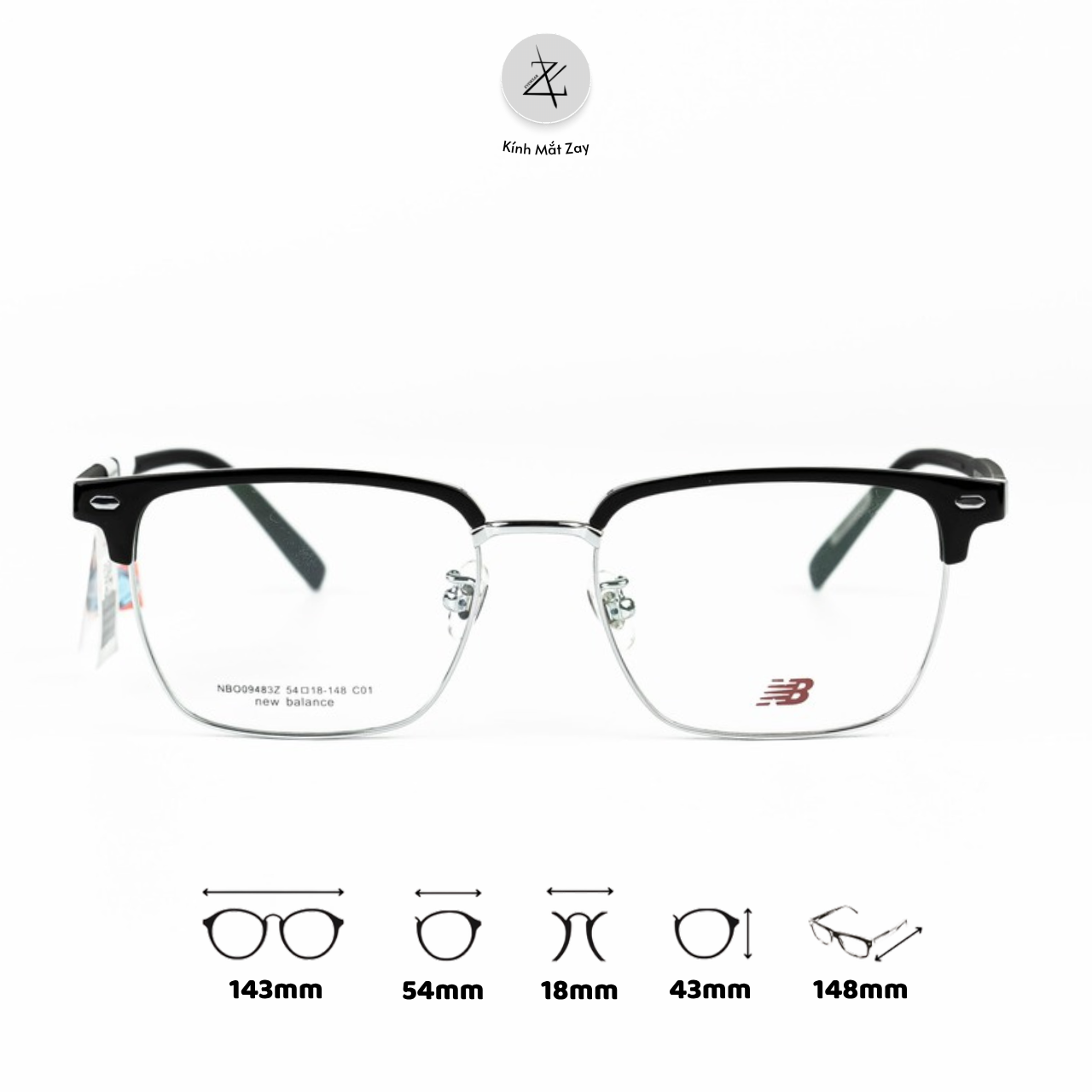  Gọng kính nửa khung New Balance NBO09483Z dáng vuông nhựa acetate & titanium chính hãng fullbox 