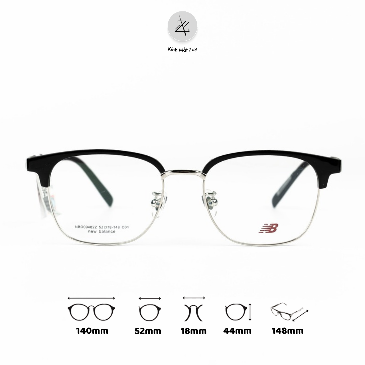  Gọng kính nửa khung New Balance NBO09482Z dáng vuông nhựa acetate & titanium chính hãng fullbox 