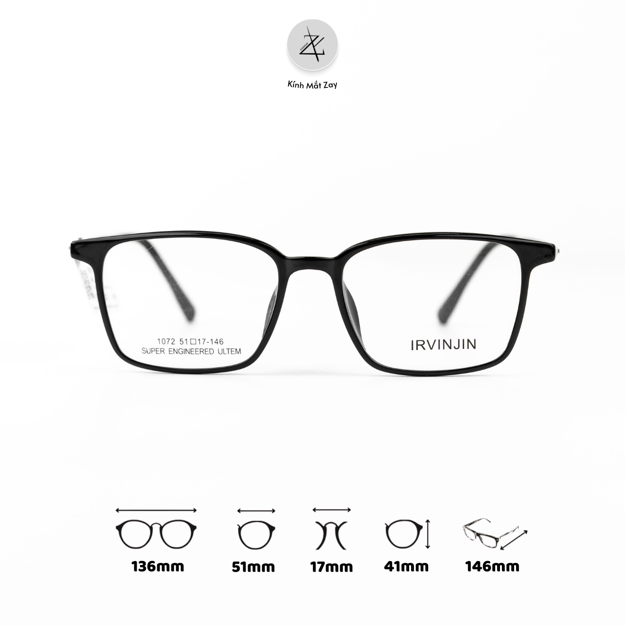  Gọng kính IRVINJIN 1072 dáng vuông nhựa TR90 dẻo chính hãng 