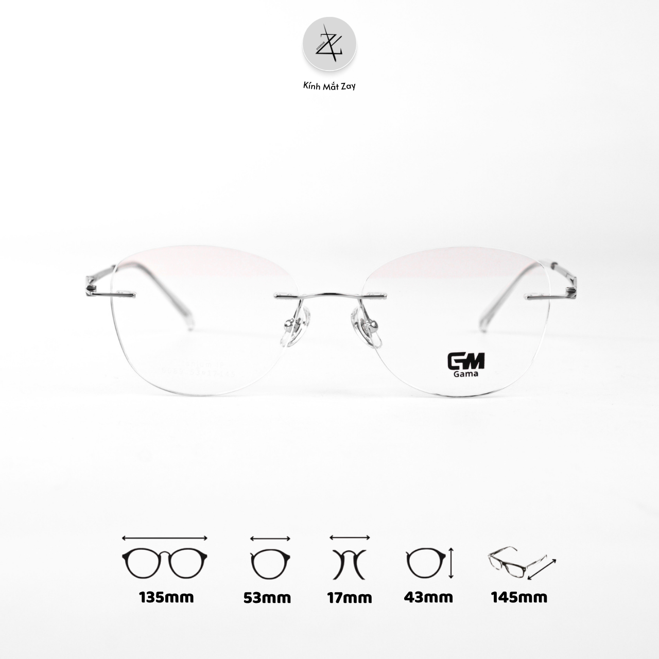  Gọng khoan không viền GAMA 6089 dáng mắt mèo Titanium chính hãng 