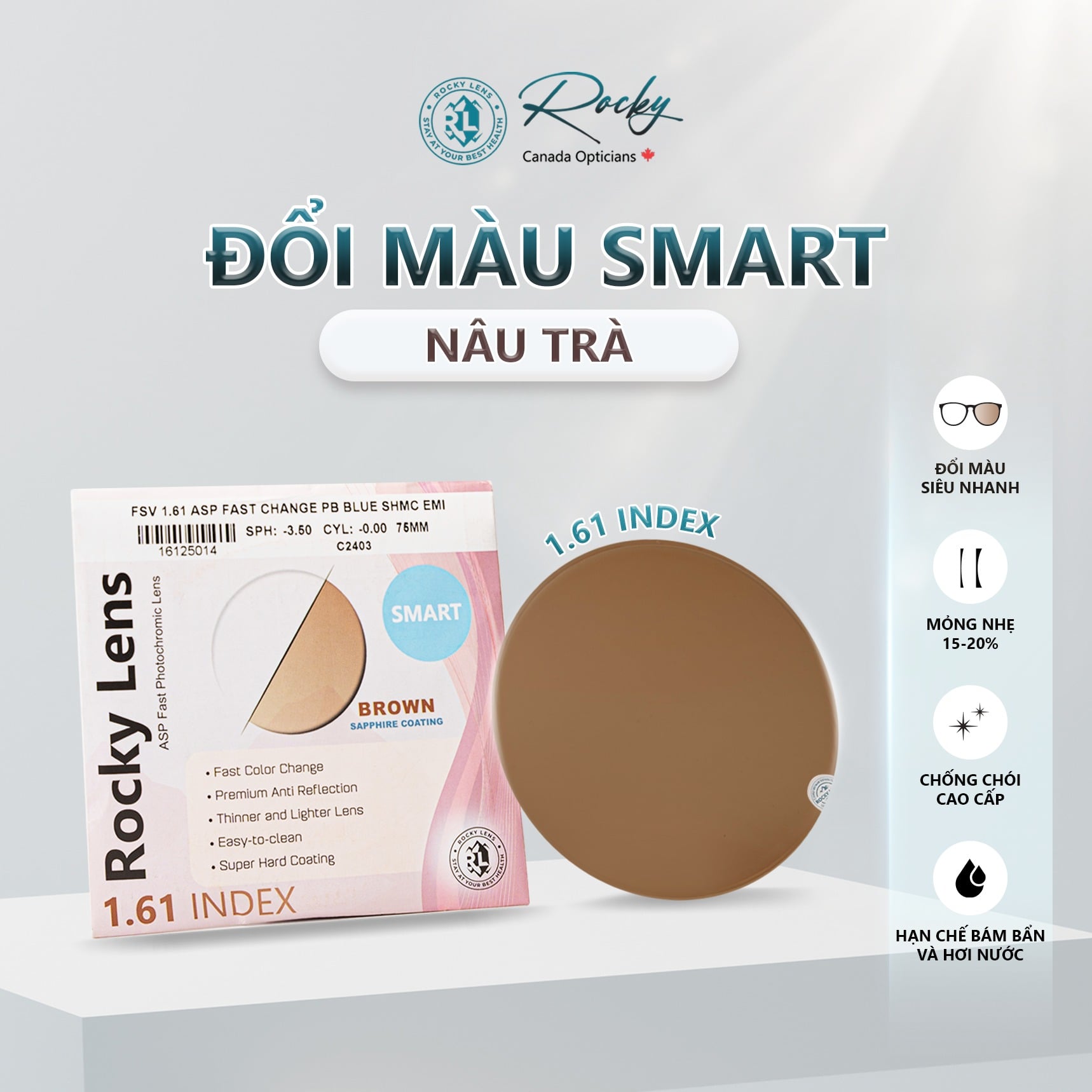  Tròng kính Rocky Đổi màu Nâu Mỏng Lọc ánh sáng xanh 1.61 ASP chính hãng 