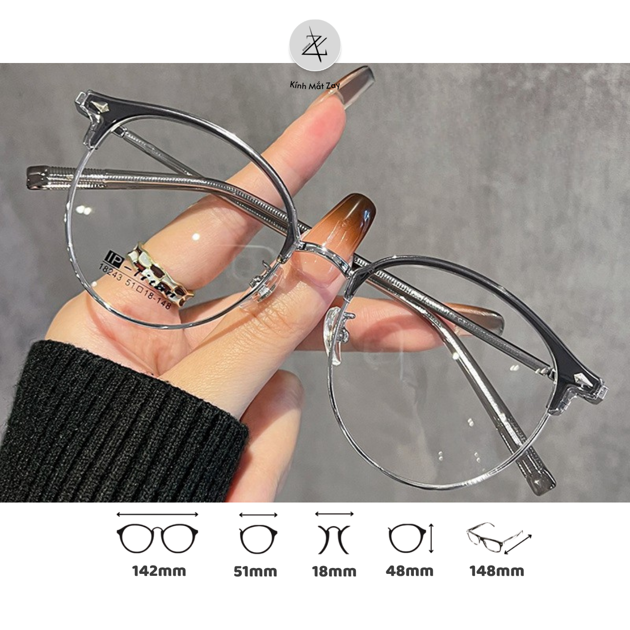  Gọng kính nửa khung 18243 dáng tròn titanium cao cấp 