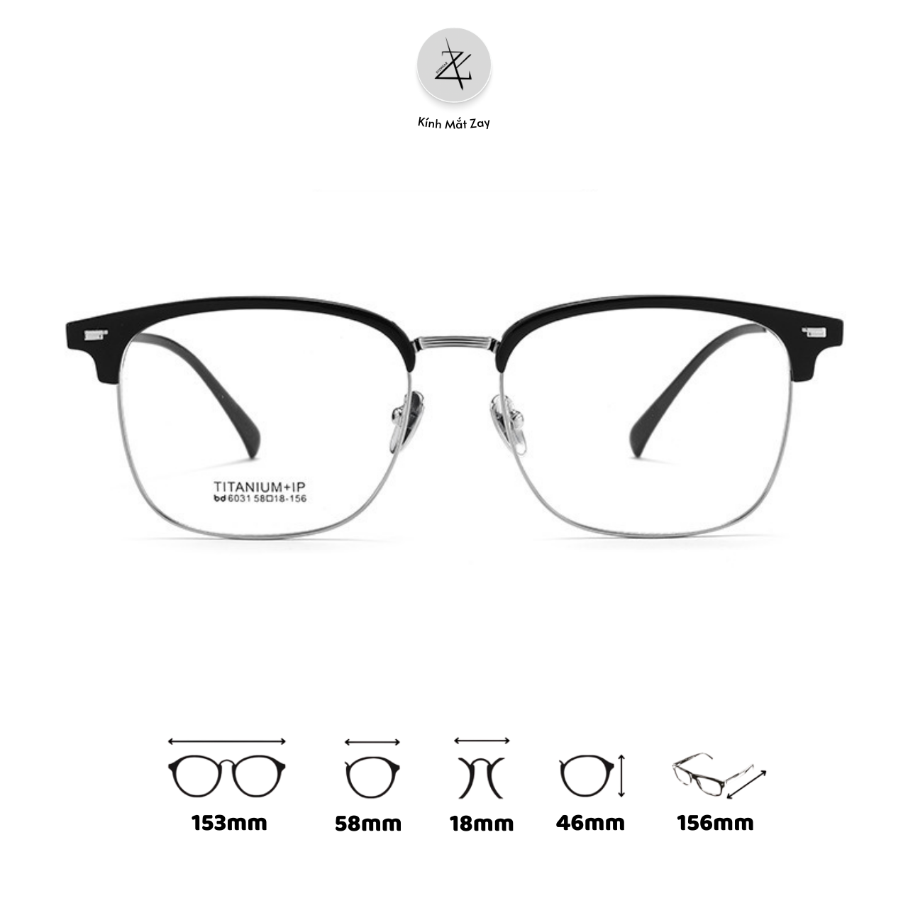  Gọng kính nửa khung 6031 dáng vuông titanium cao cấp 