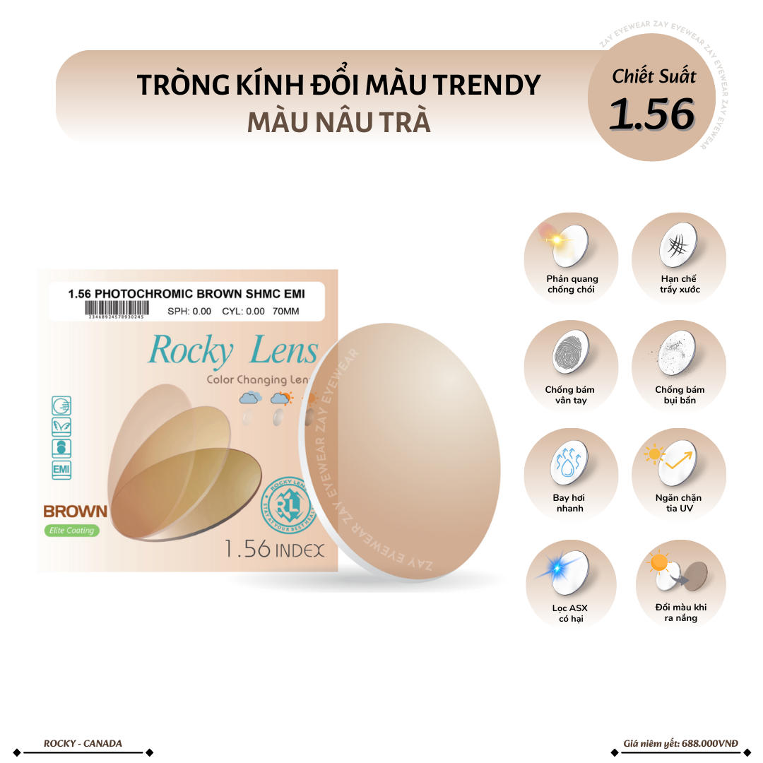  Tròng kính Rocky Đổi màu Nâu Trendy Lọc ánh sáng xanh 1.56 SHMC chính hãng 