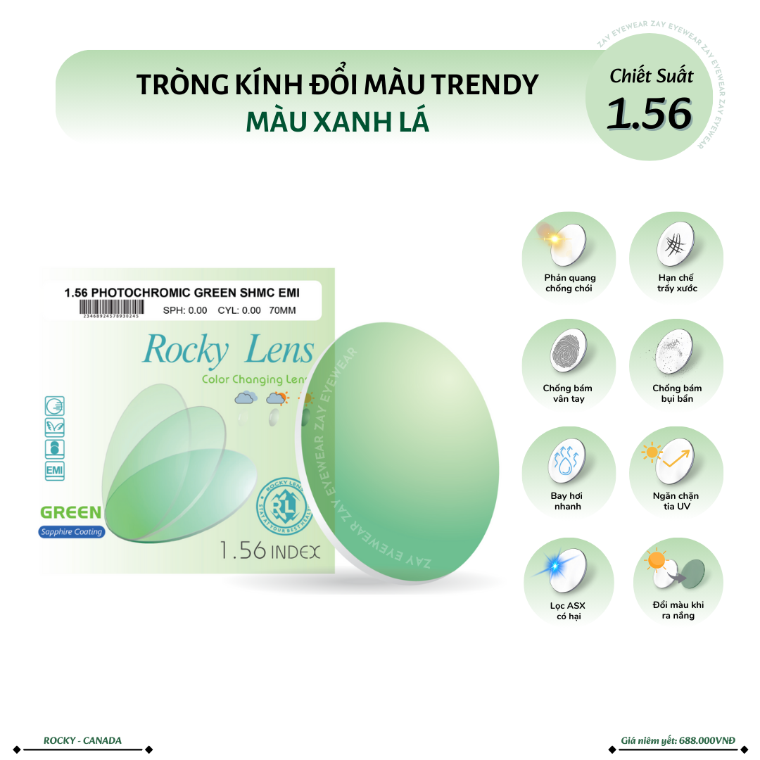  Tròng kính Rocky Đổi màu Xanh lá Trendy Lọc ánh sáng xanh 1.56 SHMC chính hãng 