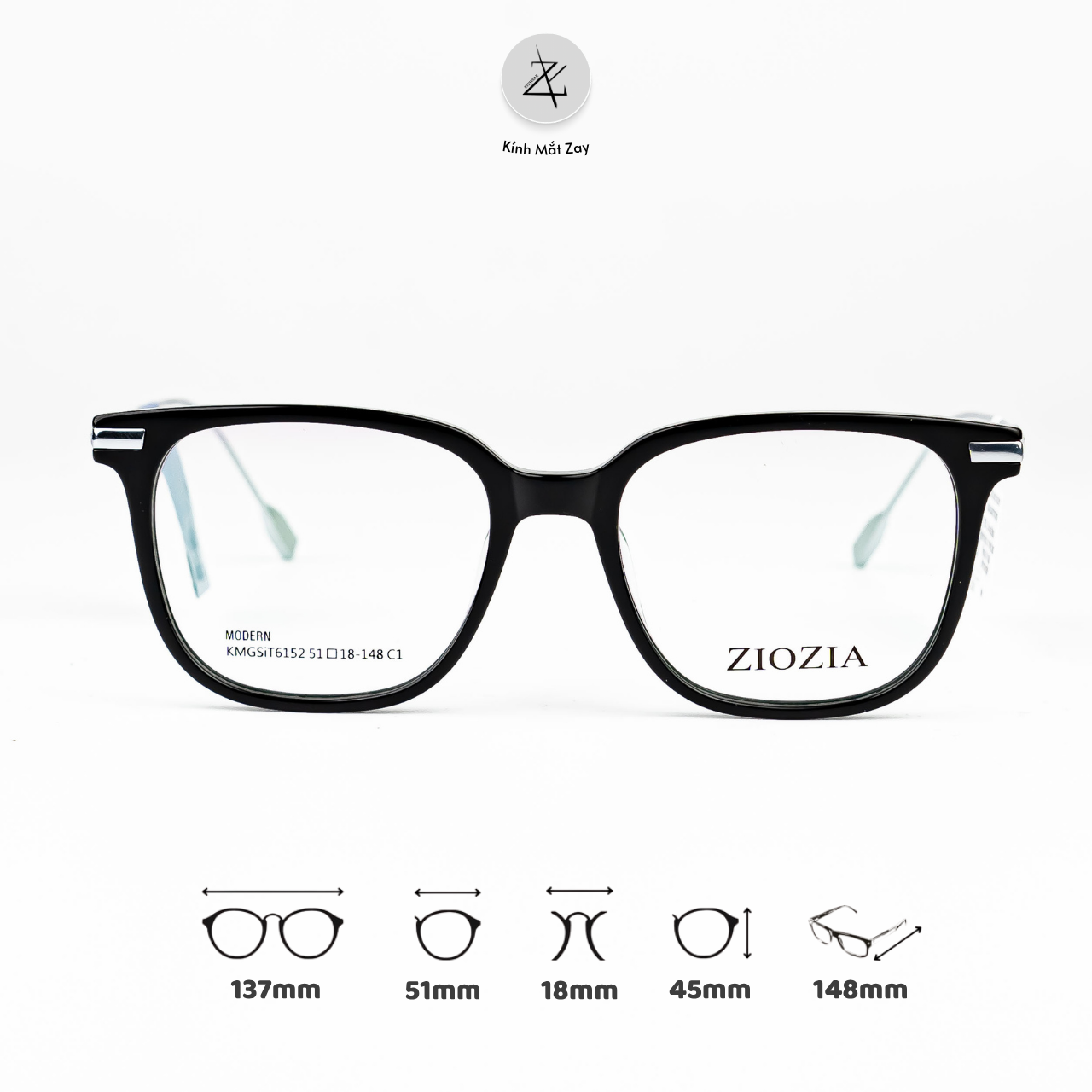  Gọng kính Ziozia KGMSIT6152 dáng vuông nhựa acetate titanium fullbox chính hãng 