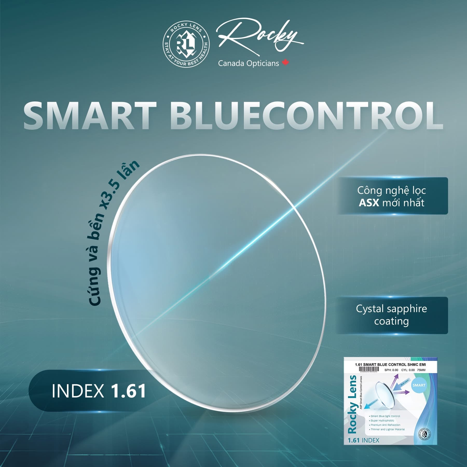  Tròng kính Rocky Lọc ánh sáng xanh thông minh Mỏng 1.61 ASP Smart Blue Control chính hãng 