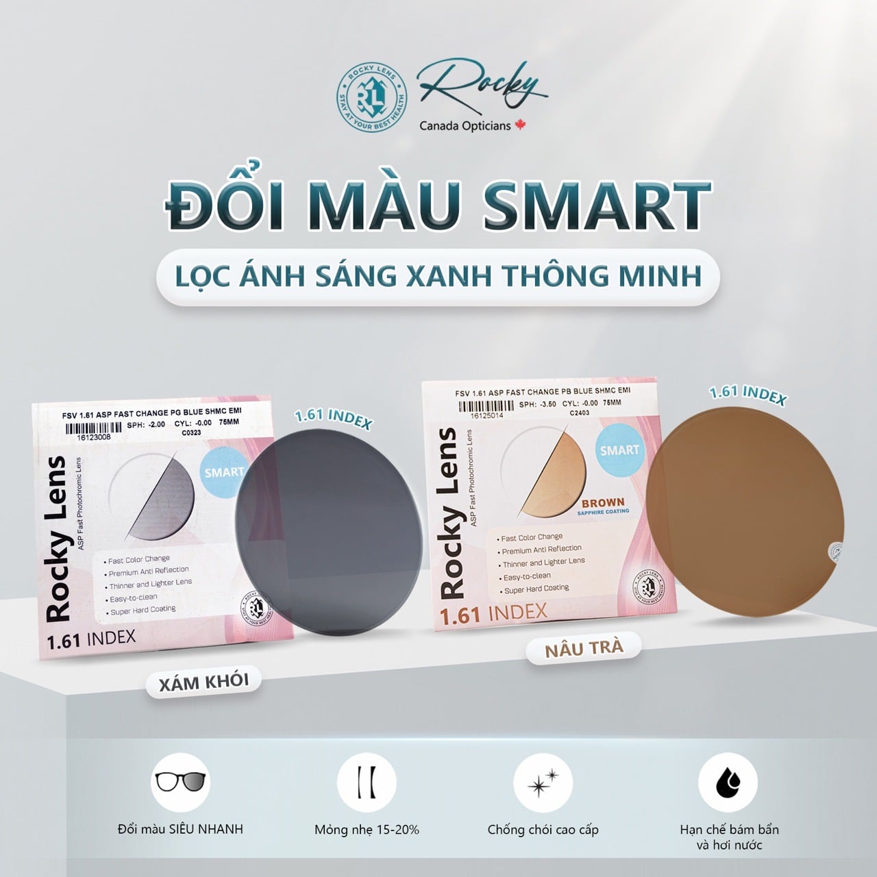  Tròng kính Rocky Đổi màu Khói Mỏng Lọc ánh sáng xanh 1.61 ASP chính hãng 
